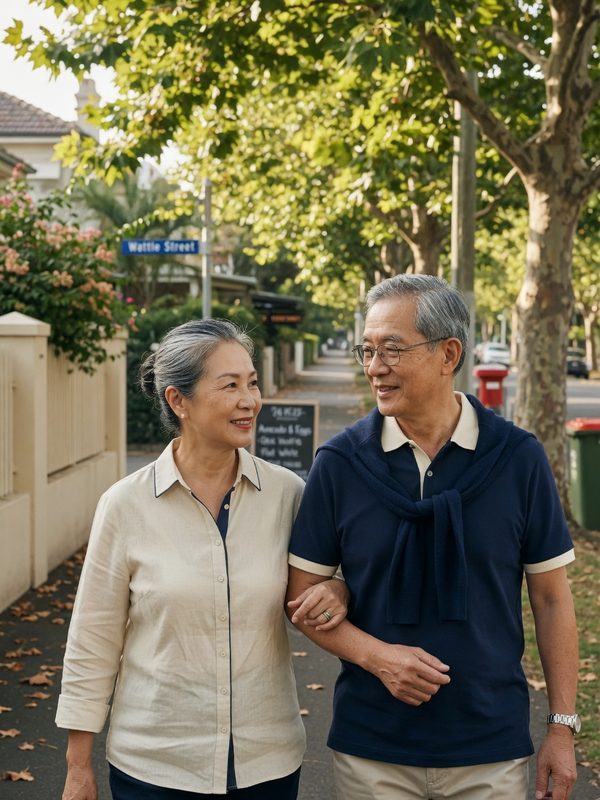 Older couple walking arm in arm along a tree-lined street