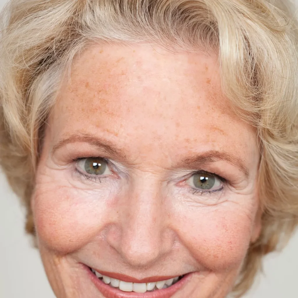 Close portrait of a smiling older woman with light hair and natural skin