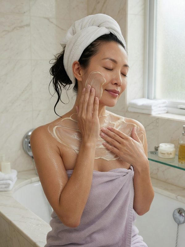 Woman in a towel wrap applying moisturiser in a bathroom