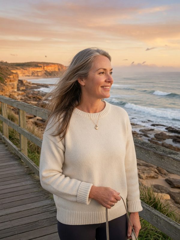 Woman with grey hair looking out over a coastal boardwalk at sunset