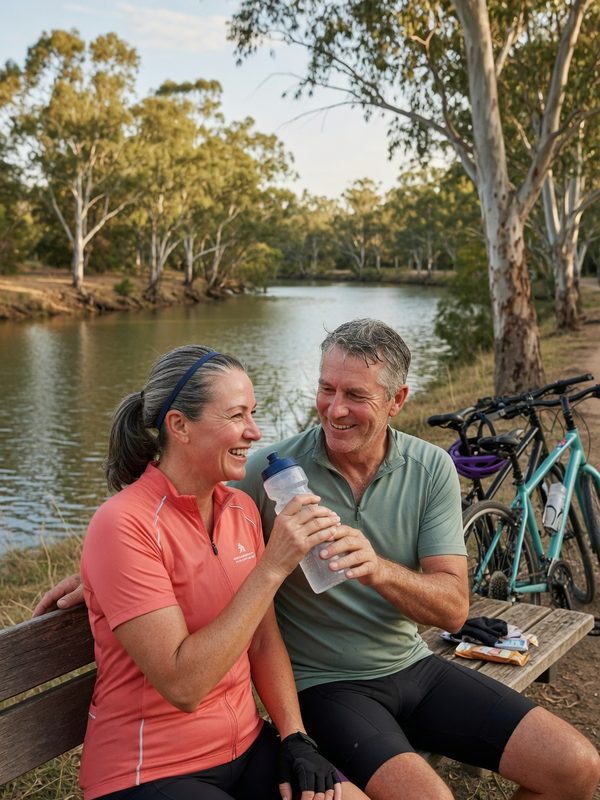 Couple resting on a bench by a river after a bike ride