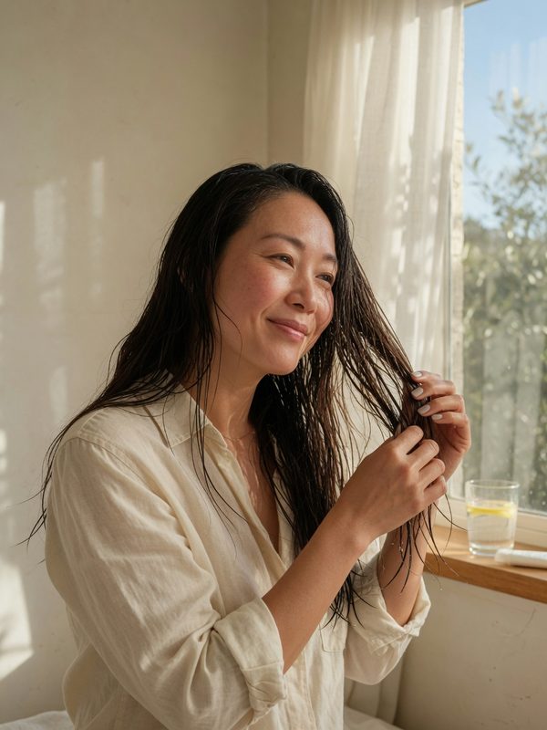 Woman with long dark hair smiling beside a sunlit window