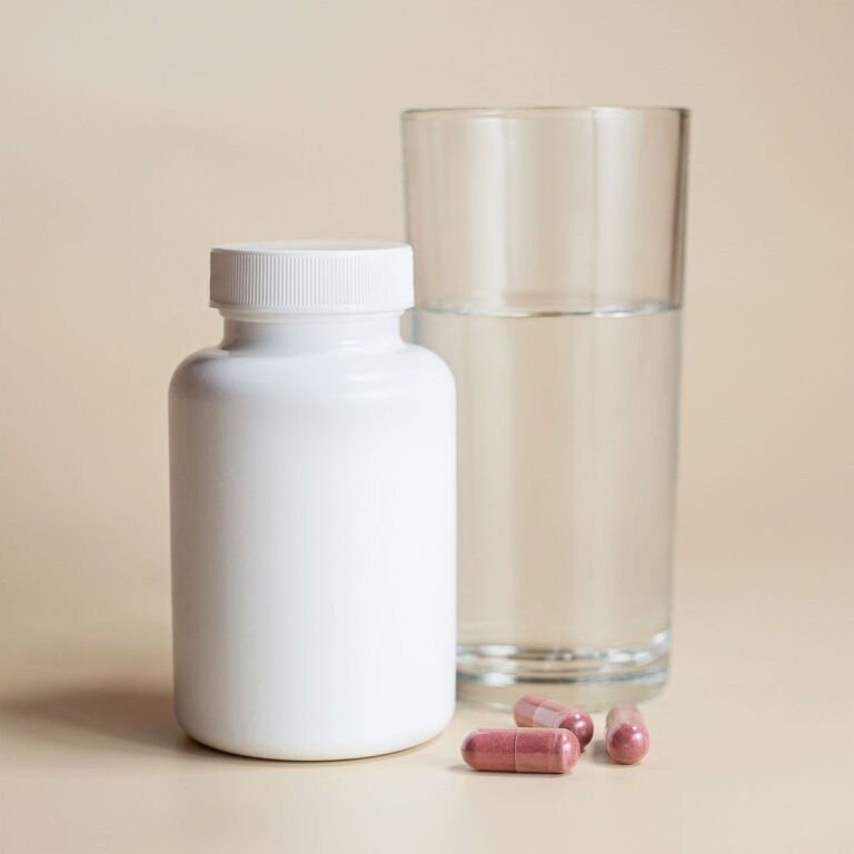 White supplement bottle beside a glass of water and two capsules